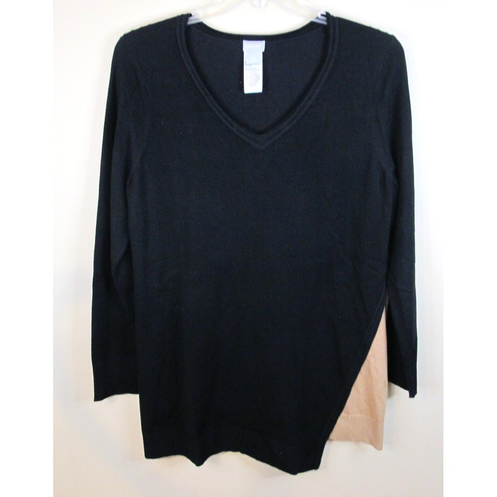 Chico's‎ V-Neck Long Sleeve Color Block  Tunic Sweater Top Women's Size 2 Black